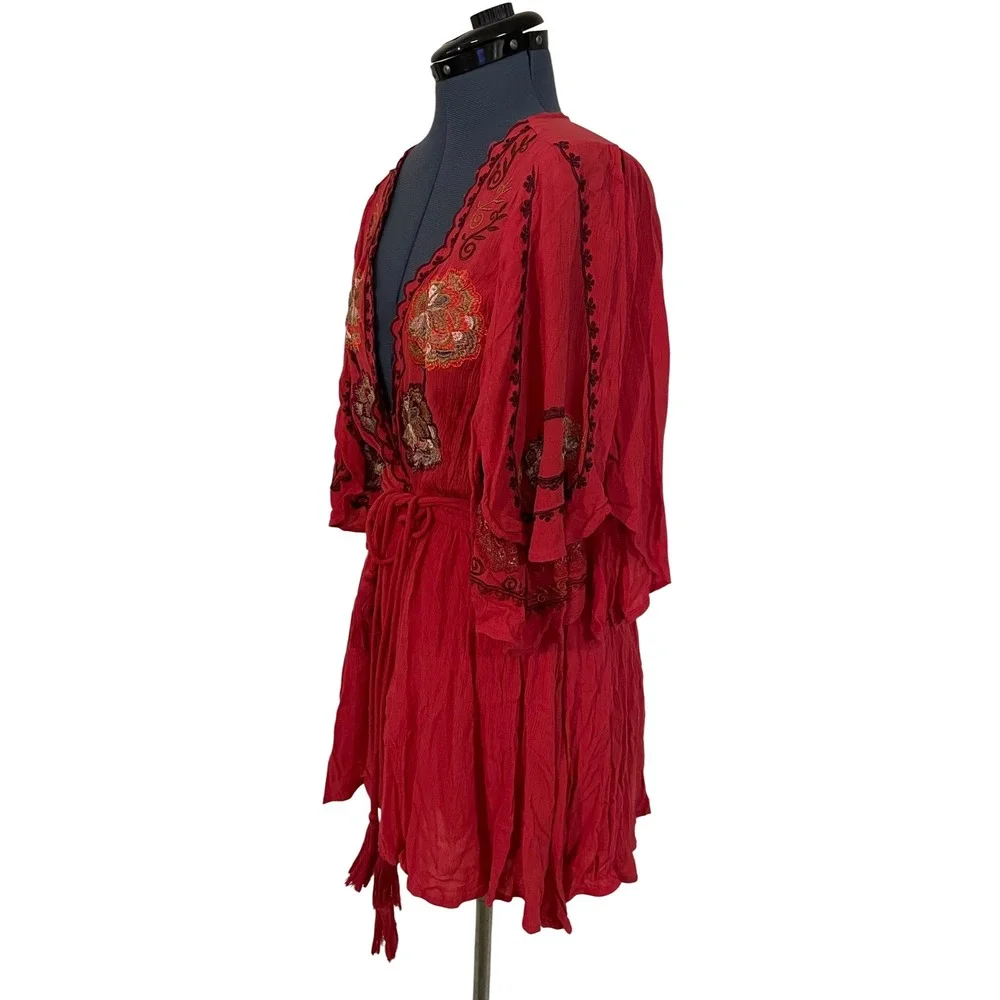 Free People Red Cora Dress Embroidered Split Sleeve Mini Fairy Festival Boho‎ XS